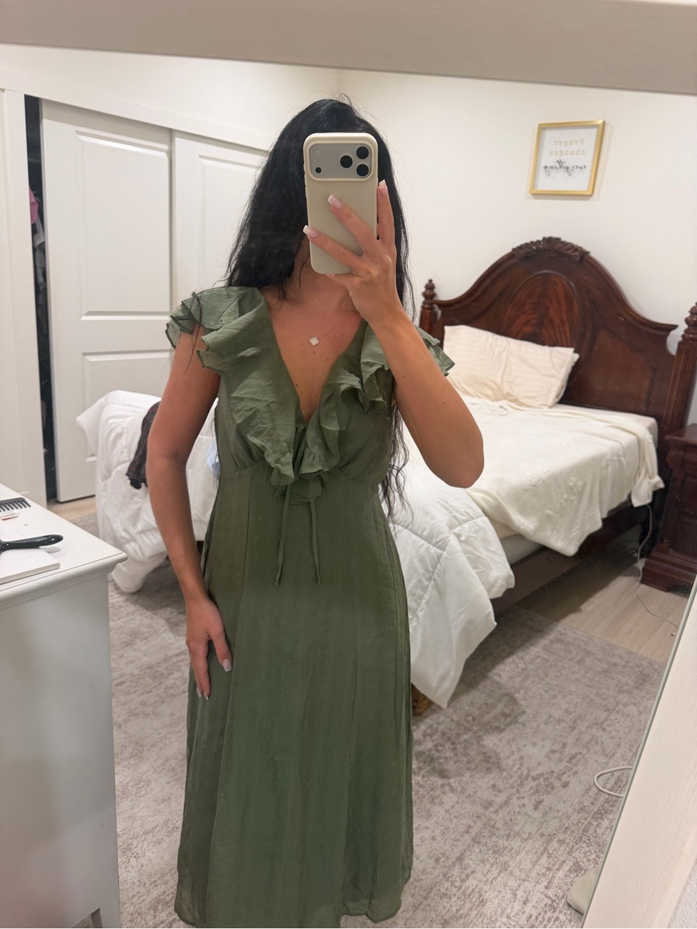 Old Navy Olive Green Ruffle V-Neck Midi Dress